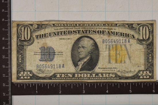 1934-A US $10 SOUTH AFRICA SILVER CERT YELLOW SEAL