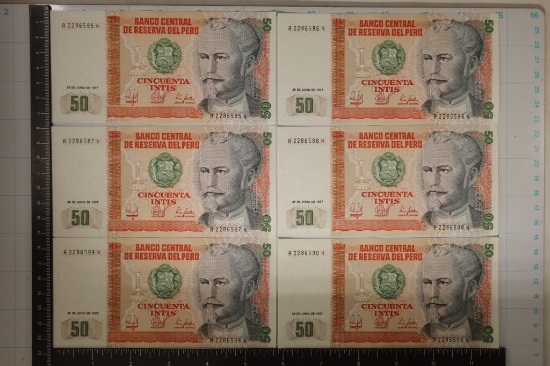 6-1987 PERU CRISP UNC 50 INTIS BILLS CRISP UNC