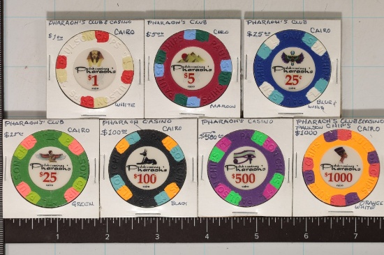 SET OF 7-PHARAOH'S CAIRO CASINO CHIPS: $1, $5,