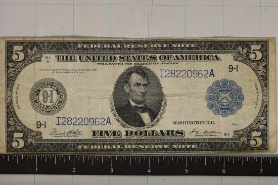 1914 US $5 LARGE SIZE FRN BLUE SEAL HORSE BLANKET