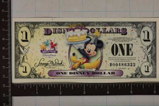 2009 1 DISNEY DOLLAR CRISP UNC COLORIZED BILL