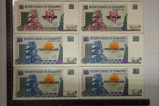 6-1997 BANK OF ZIMBABWE BILLS 2-$10 & 4-$20
