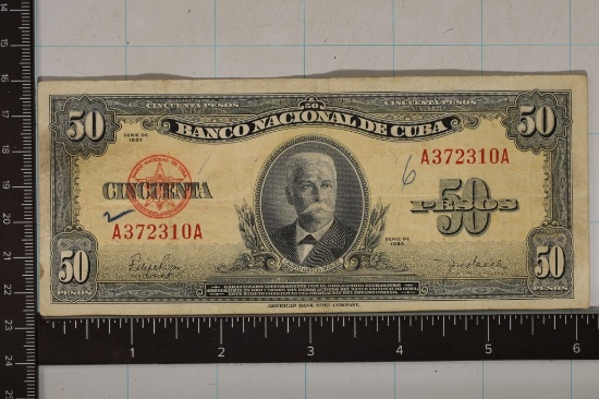 1950 CUBA 50 PESO BILL INK ON THE OBVERSE