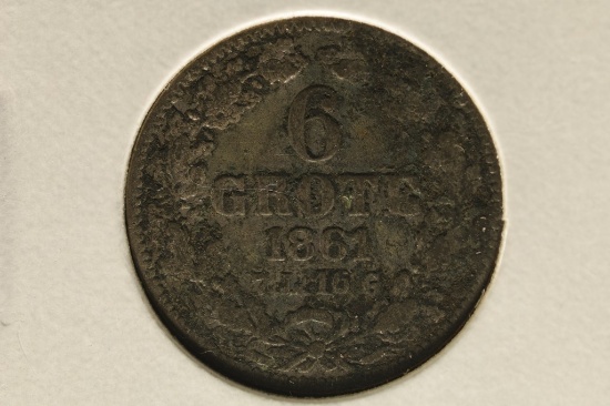 1861 BREMEN GERMANY SILVER 6 GROTE .0464 OZ. ASW