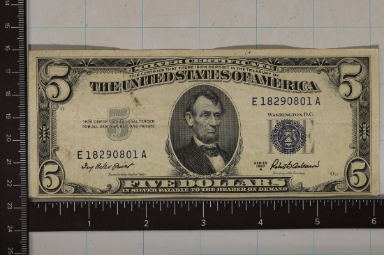 1953-A US $5 SILVER CERTIFICATE BLUE SEAL