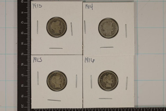 1913, 1914, 1915 & 1916 SILVER BARBER DIMES