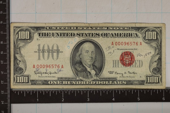 1966 US $100 BILL RED SEAL INK ON OBVERSE & REV.