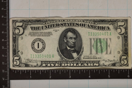 1934 US $5 FRN GREEN SEAL CRISP AU