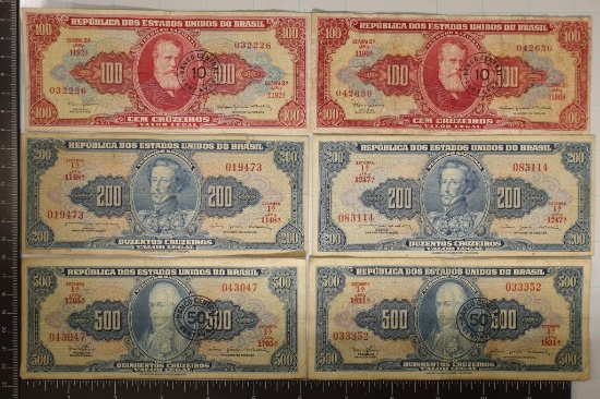 6-BRAZIL BILLS CIRCA 1960'S, 2-100 CRUZEIROS WITH