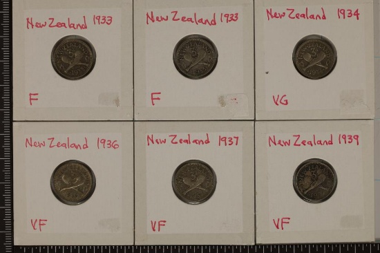 2-1933,34, 36,37 & 1939 NEW ZEALAND SILVER 3 PENCE