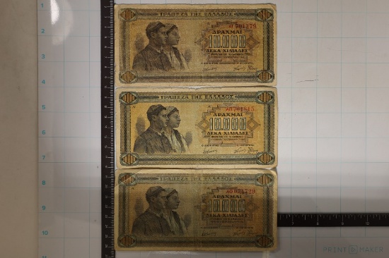 3-1942 GREECE 10,000 DRACHMI BILLS