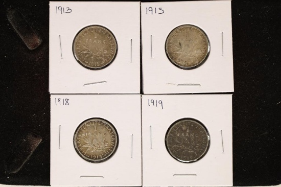 1915, 1916, 1918 &1919 FRANCE SILVER 1 FRANC COINS