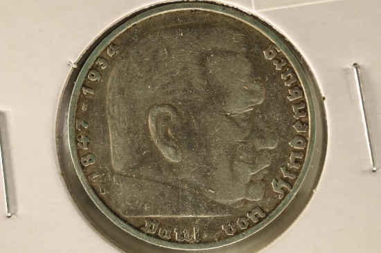 1936-D GERMAN SILVER 5 MARK .4016 OZ. ASW