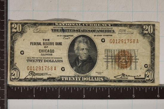 1929 US $20 NATIONAL CURRENCY OF CHICAGO