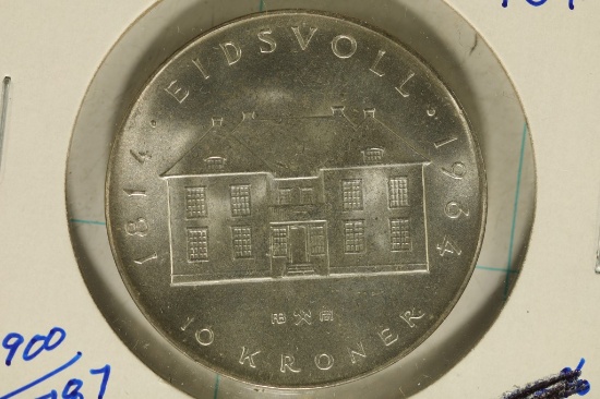 1964 NORWAY SILVER 10 KRONER BU COIN .5787 OZ. ASW