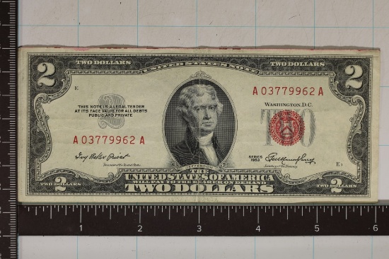 1953 US $2 RED SEAL NOTE RED INK ON TOP EDGE XF