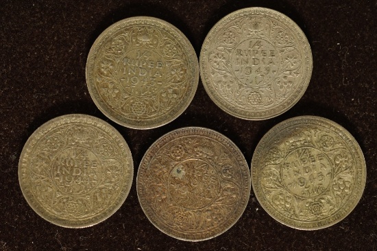 2-1943, 2-1944 & 1945 INDIA SILVER 1/4 RUPEE COINS