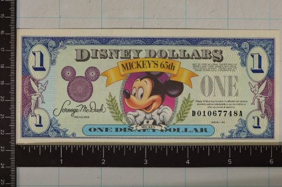 1993 DISNEY $1 CRISP UNC COLORIZED BILL "MICKEY'S