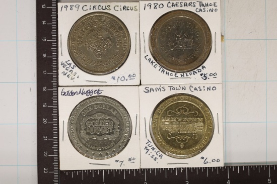 4-$1 METAL CASINO GAMING TOKENS: 1989 CIRCUS