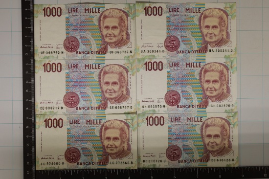 6-1990 ITLAY 1000 LIRE BILLS.  5 ARE CRISP AU WITH