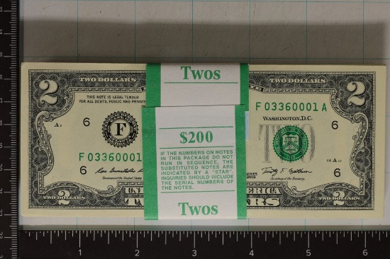 $200 BLOCK OF 2009 US $2 FRN GREEN SEALS, 100