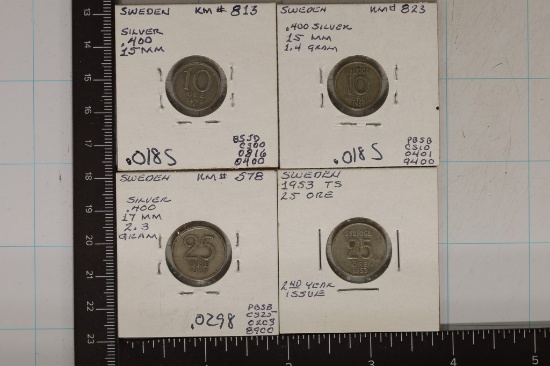 4 SWEDEN SILVER ORE COINS: 1942-10 ORE, 1952-10