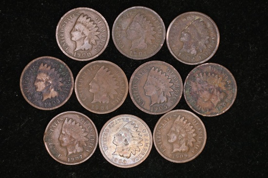 10 INDIAN HEAD CENTS 1900-1909 ONE OF EACH YEAR