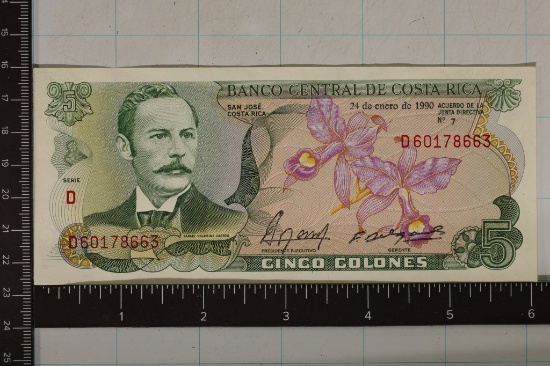 1990 COSTA RICA 5 COLONES CU, COLORIZED BILL