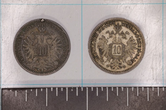 2-1872 AUSTRIA SILVER 10 KREUZER COINS .0482 OZ.