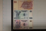 3 CRISP UNC CONGO BILLS: 2013-50 FRANCS, 2022-