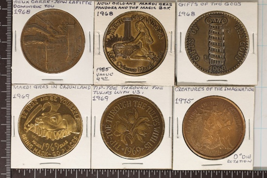 6-METAL MARDI GRAS TOKENS: 1968-1975. 2 BRASS