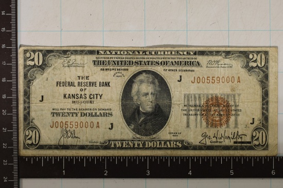 1929 US $20 NATIONAL CURRENCY OF KANSAS CITY