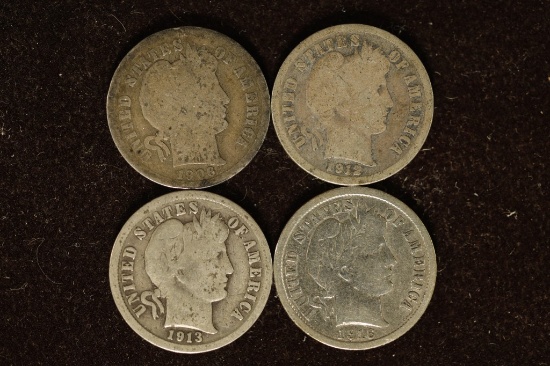 4 SILVER BARBER DIMES: 1906-D, 1912-D, 1913 & 1916