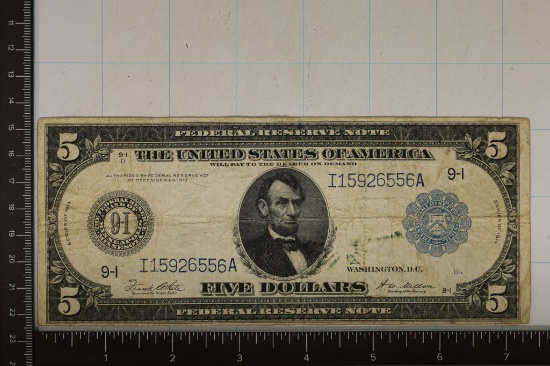 1914 LARGE SIZE US $5 FRN BLUE SEAL HORSEBLANKET