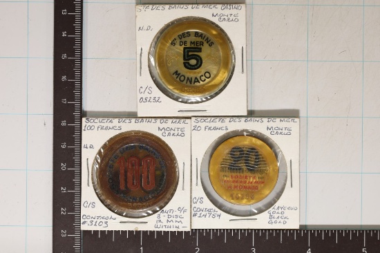 3-MONTE CARLO CASINO CHIPS: 5, 20 & 100 FRANCS
