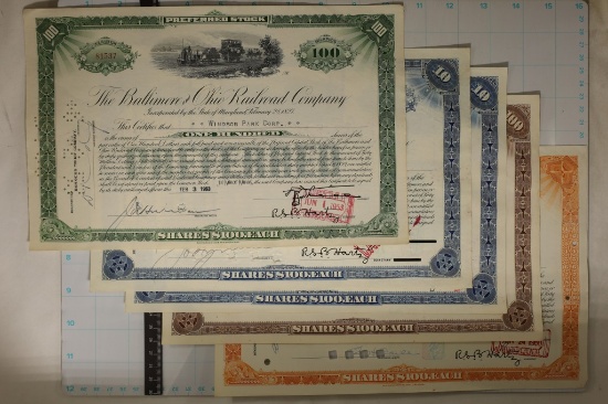5 VINTAGE STOCK CERTIFICATES BALTIMORE AND OHIO