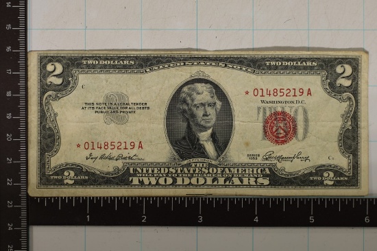 1953 US $2 RED SEAL STAR NOTE SMALL BROWN STAIN