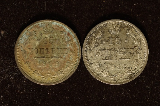 1909 AU & 1915 AU RUSSIA SILVER 15 KOPEKS .0868 OZ