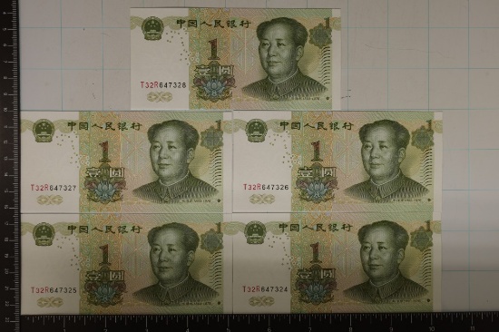 5-CRISP UNC CHINA 1 YUANS WITH CONSECUTIVE SERIALS