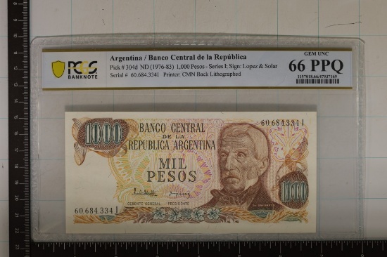 ARGENTINA 1000 PESO BILL PCGS GEM UNC 66 PPQ