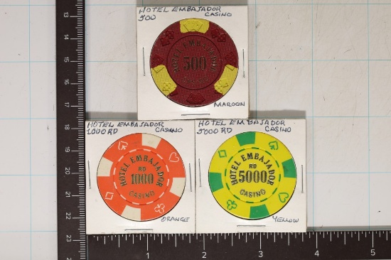 3-HOTEL EMBAJADOR PUERTO RICO CLAY CASINO CHIPS