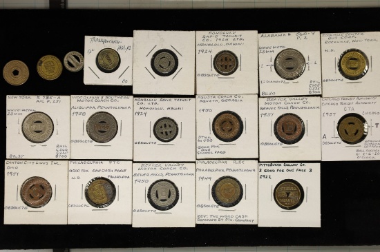 19 ASSORTED METAL TRANSPORTATION TOKENS: