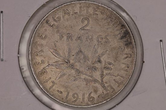 1916 FRANCE SILVER 2 FRANCS .2685 OZ. ASW