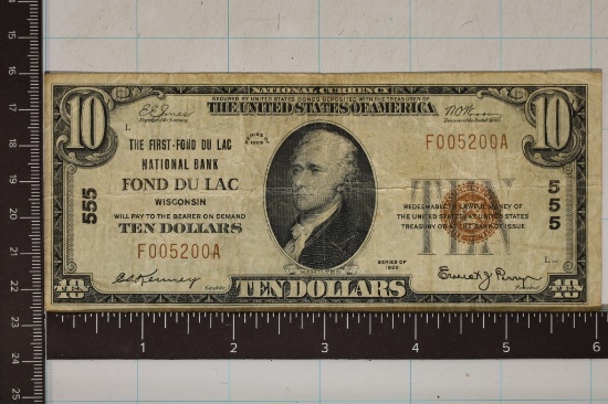 1929 US FOND DU LAC WISCONSIN $10 NATIONAL