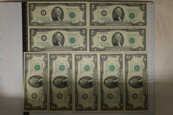 9-US $2 FRN'S WITH CONSECUTIVE SERIAL NUMBERS ALL