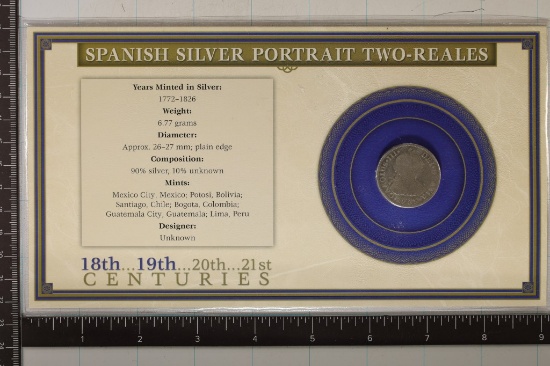 1782 SPANISH SILVER PORTRAIT 2 REALES IN CARD WITH