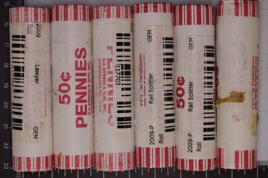 6 SOLID DATE ROLLS OF 2009-P LINCOLN CENTS: