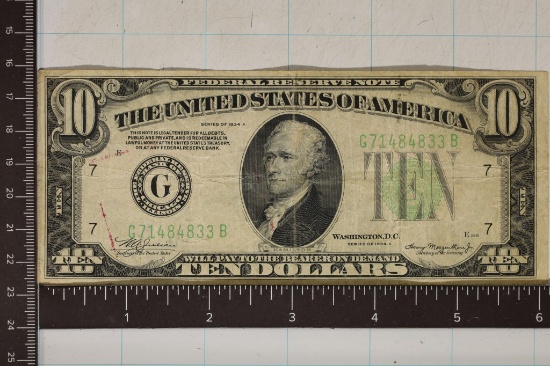 1934-A US $10 FRN GREEN SEAL BILL WITH INK ON THE