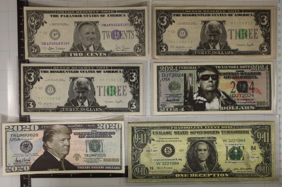 6-POLITICAL REPLICAS OF US CURRENCY SEE PICTURES