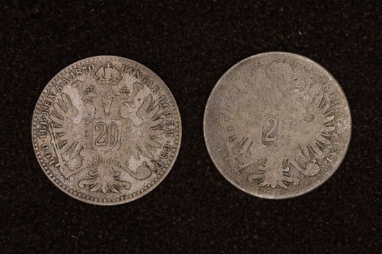 2-AUSTRIA 20 KREUZER SILVER COINS 1870 & 1869